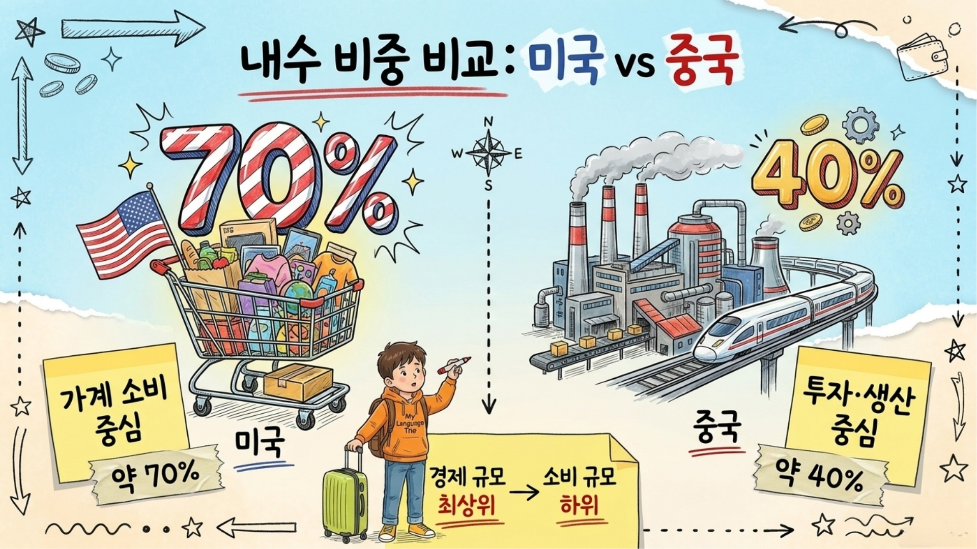 중국과 미국의 가계 소비 비중을 비교하는 이미지