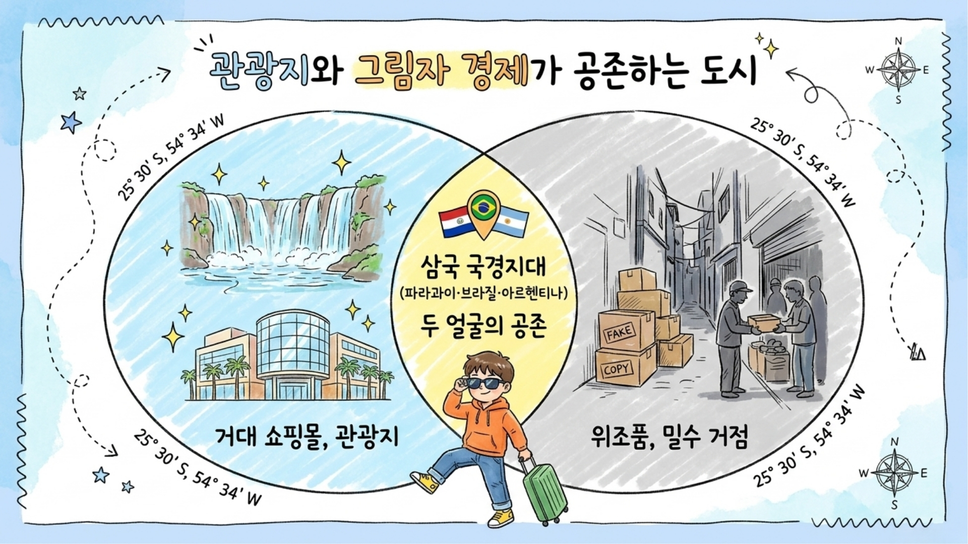 쇼핑몰과 관광지가 공존하는 삼국 국경지대 풍경