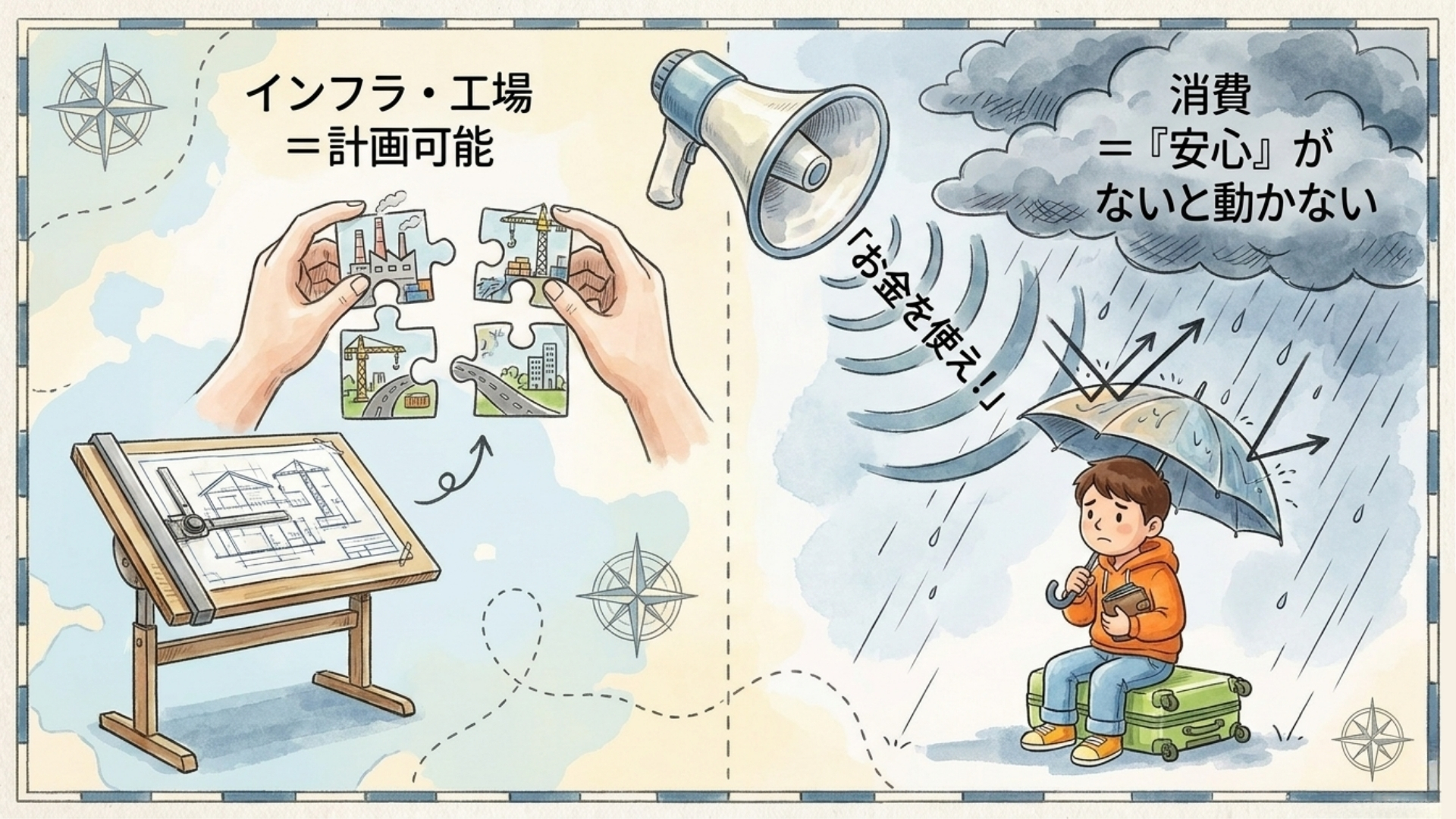 政府の政策だけでは個人の消費心理を変えにくいことを表すイメージ