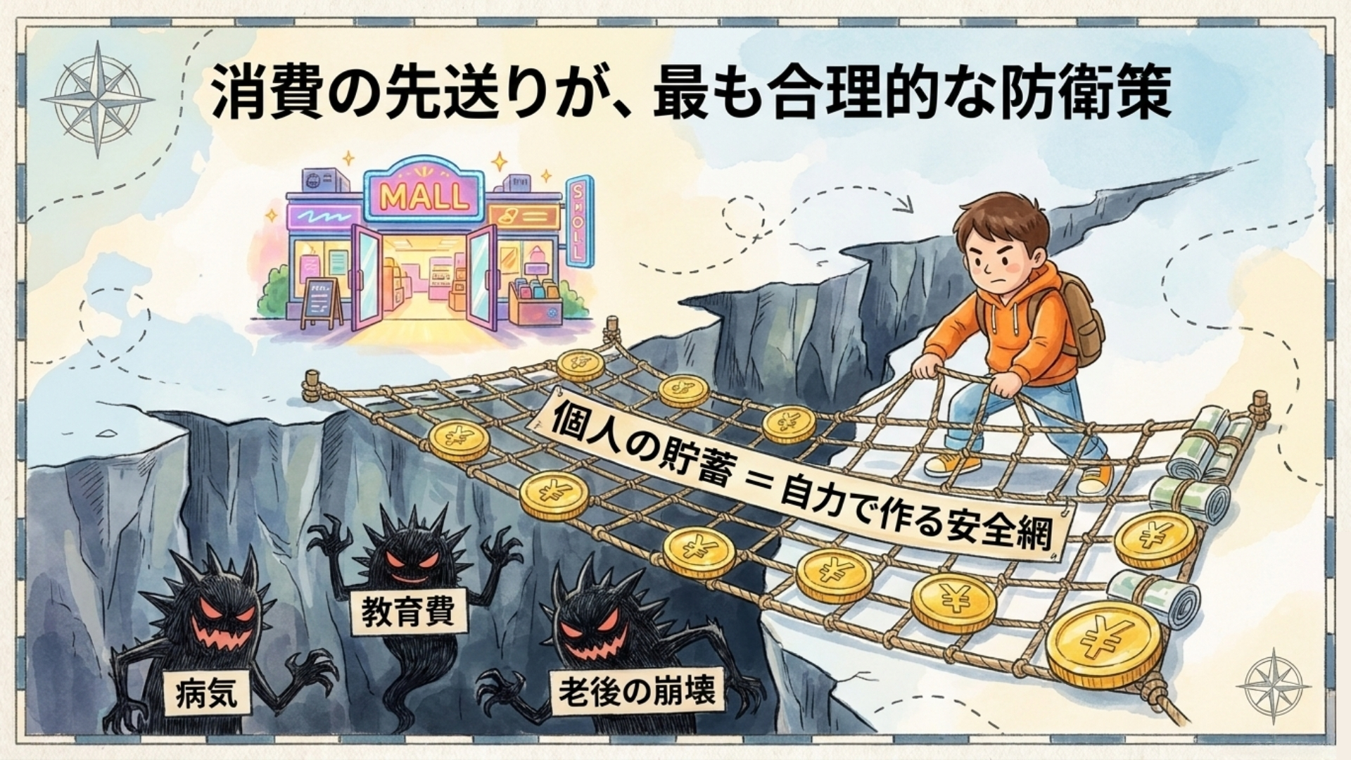 医療費と教育費、老後の備えへの負担を表すイメージ
