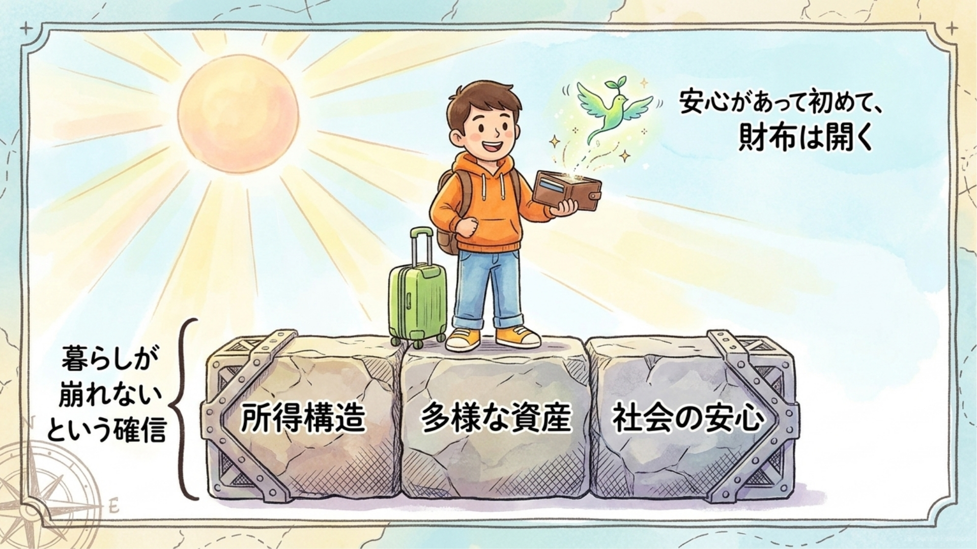 所得構造と、暮らしが崩れないという確信が同時に必要であることを表すイメージ