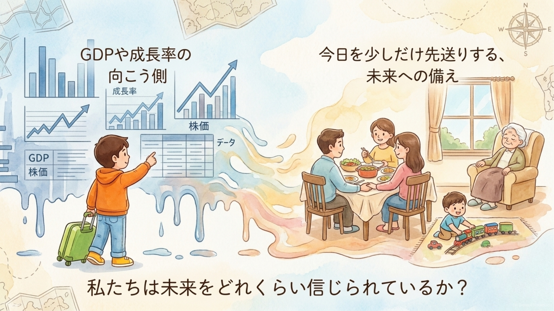 GDPの数字の向こうにある人々の暮らしを見つめるイメージ