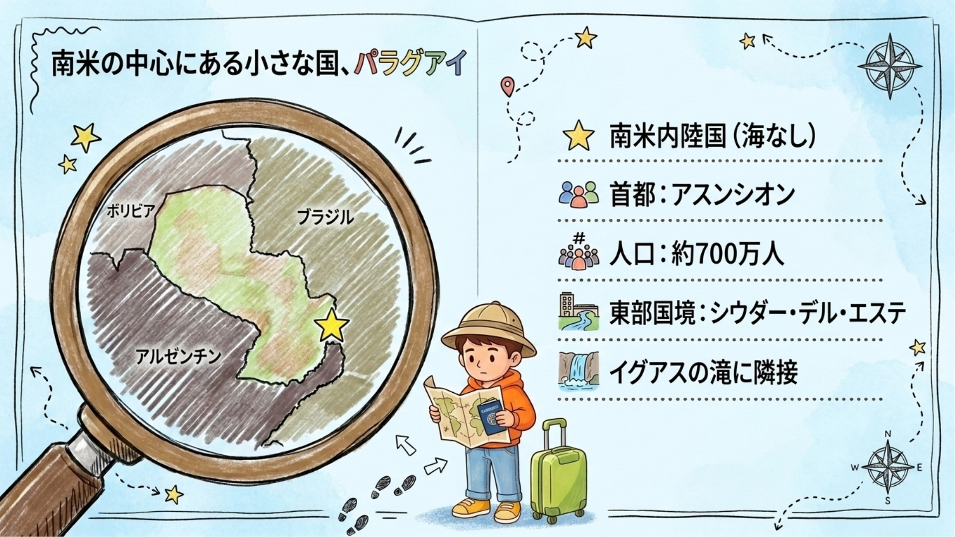 ブラジル、アルゼンチン、ボリビアに囲まれた内陸国パラグアイの地図