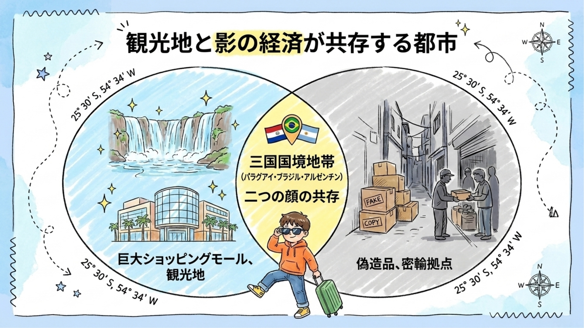 ショッピングモールと観光地が共存する三国国境地帯の風景