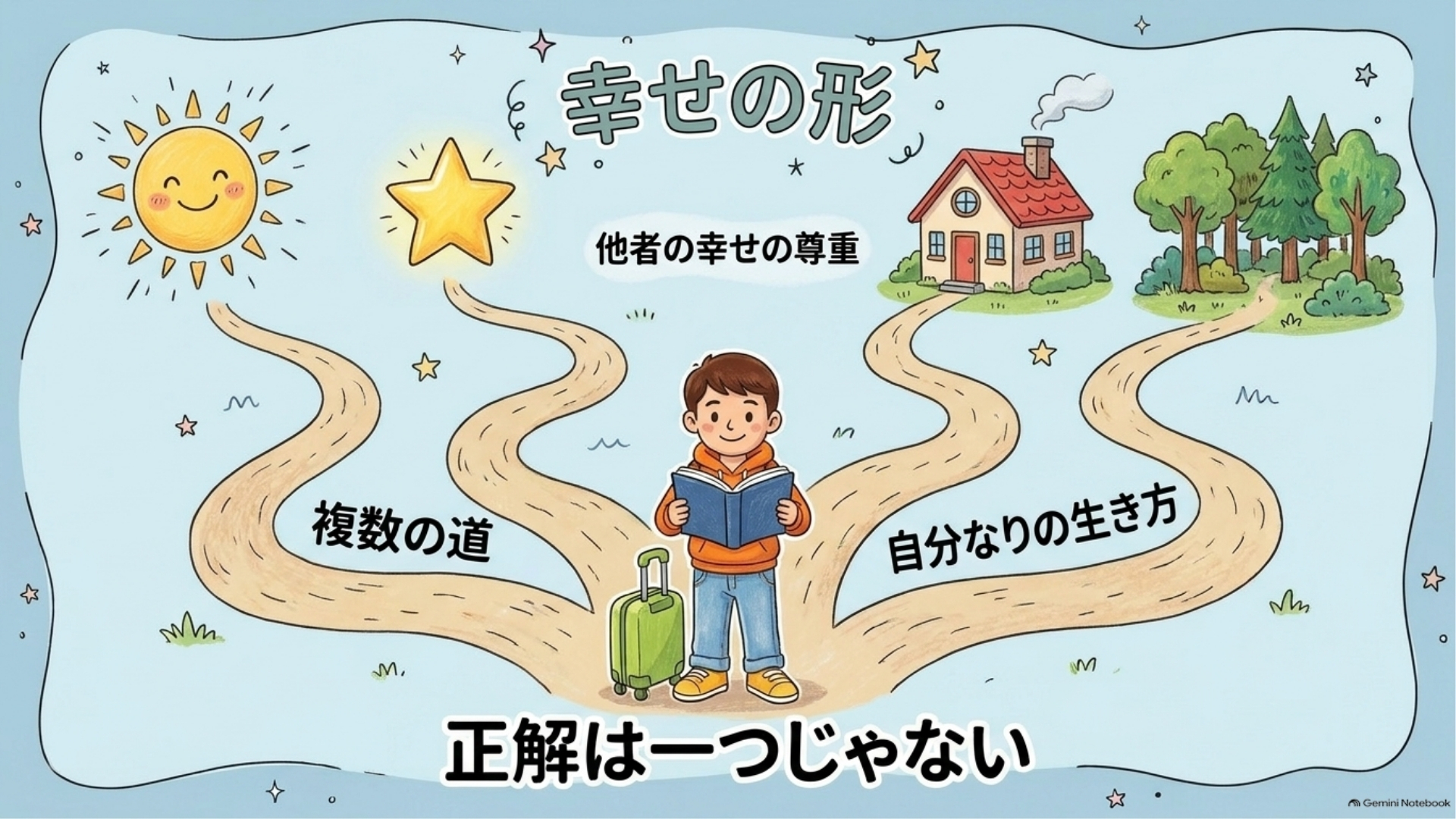 いくつもの方向へ伸びていく、幸せへの道