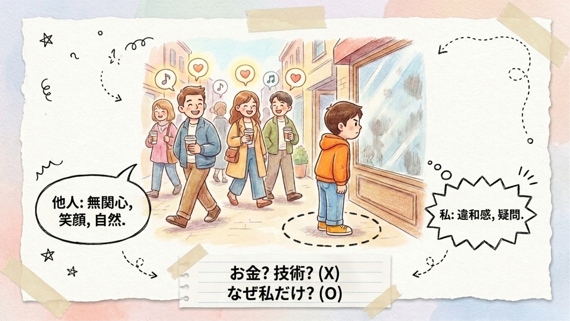 汚れの残る窓の前を、気にせず通り過ぎる人々