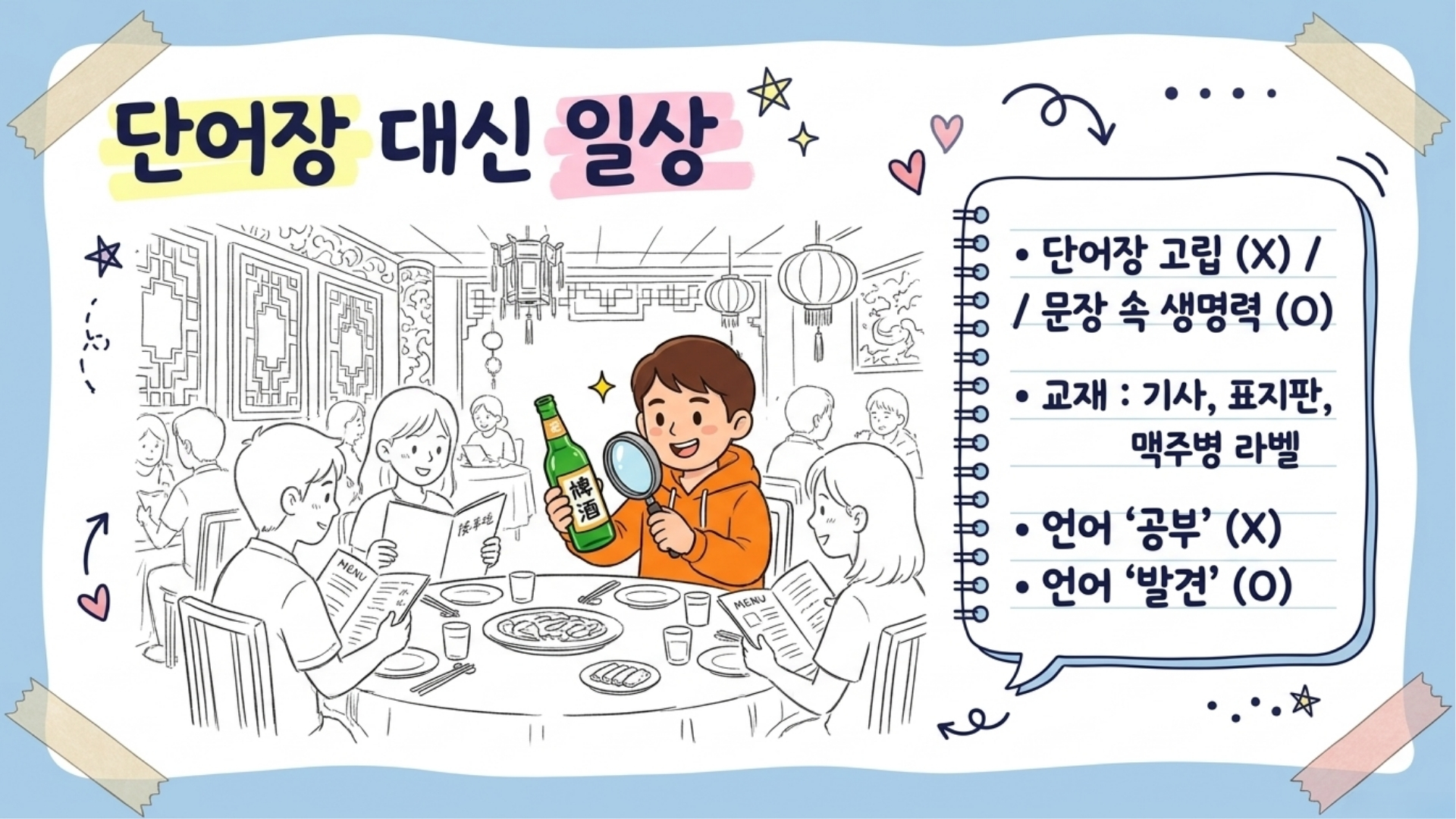 여행 중 표지판과 메뉴판을 읽는 모습