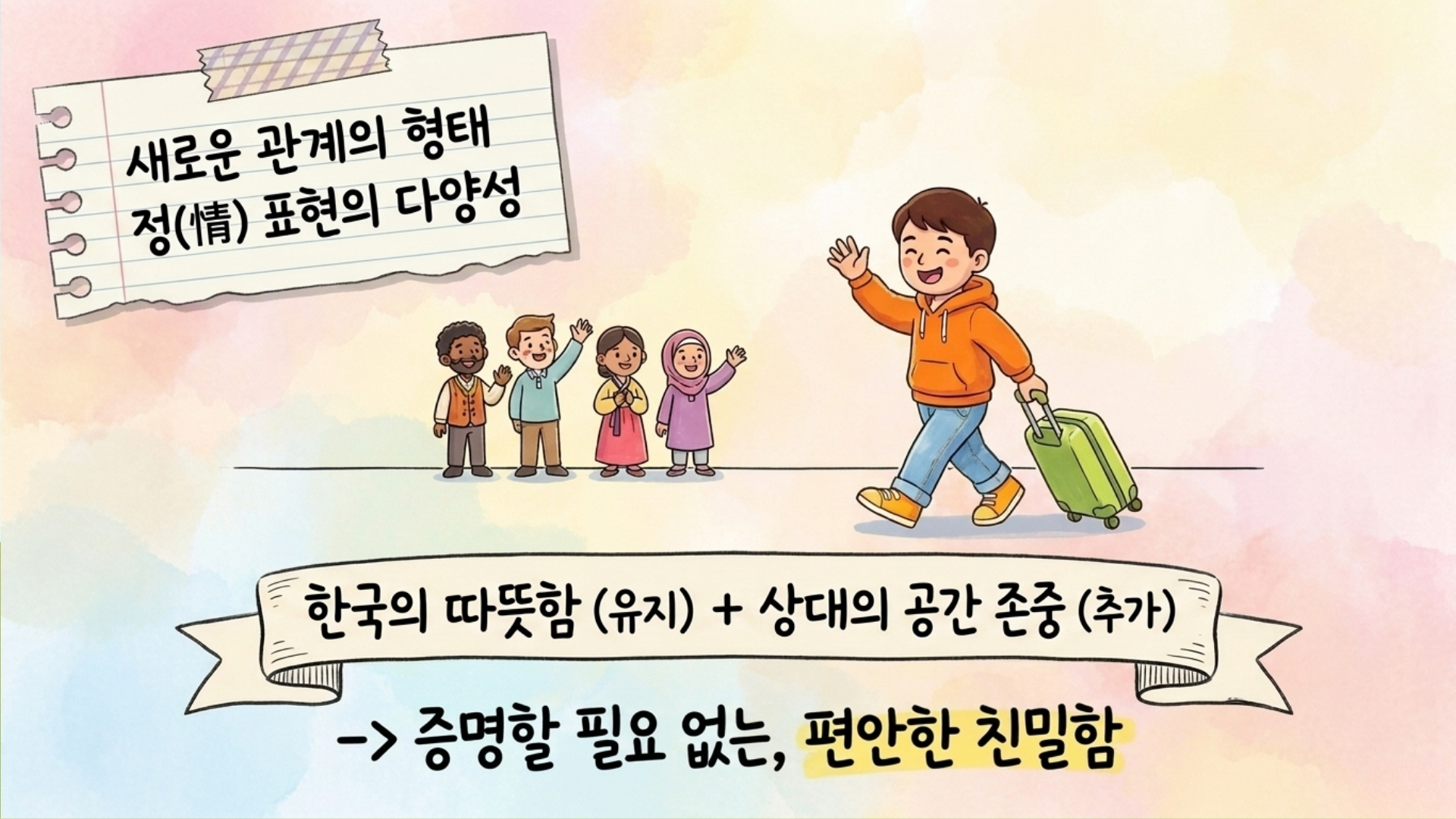 따뜻함과 거리 두기가 함께 공존하는 관계를 떠올리게 하는 장면