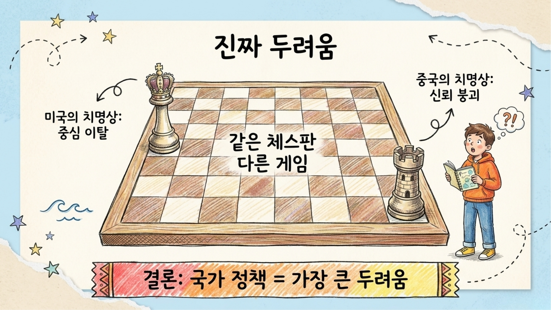 체스판 위에 마주 앉은 두 나라, 서로 다른 두려움으로 각자의 게임을 하는 모습을 상징하는 이미지